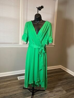 DKNY Green Wrap Midi Dress with Ruffled Sleeves